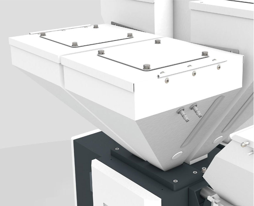Mobile hopper design for easy transport and cleaning in batch production setups.